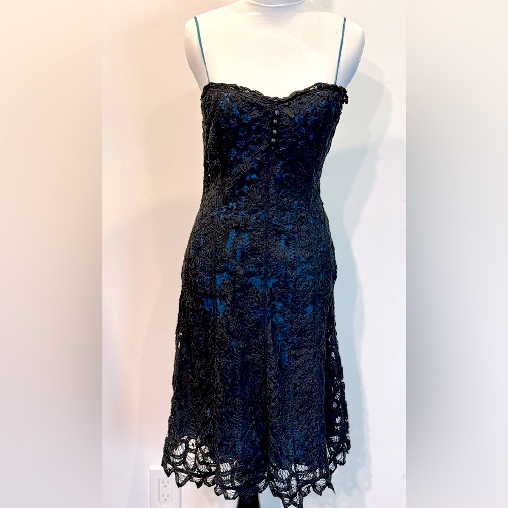 Vintage Betsey Johnson Black/Teal Blue Battenberg Crochet Lace dress-6